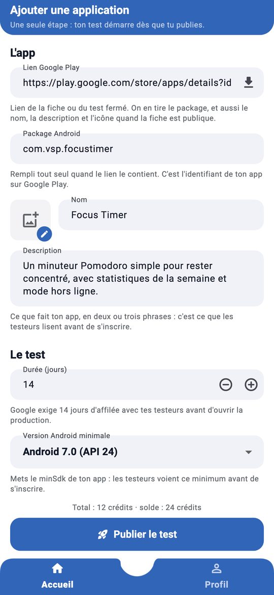 Formulaire «&nbsp;Ajouter une application&nbsp;»&nbsp;: lien Google Play, package, nom, description, durée du test et version Android minimale.
