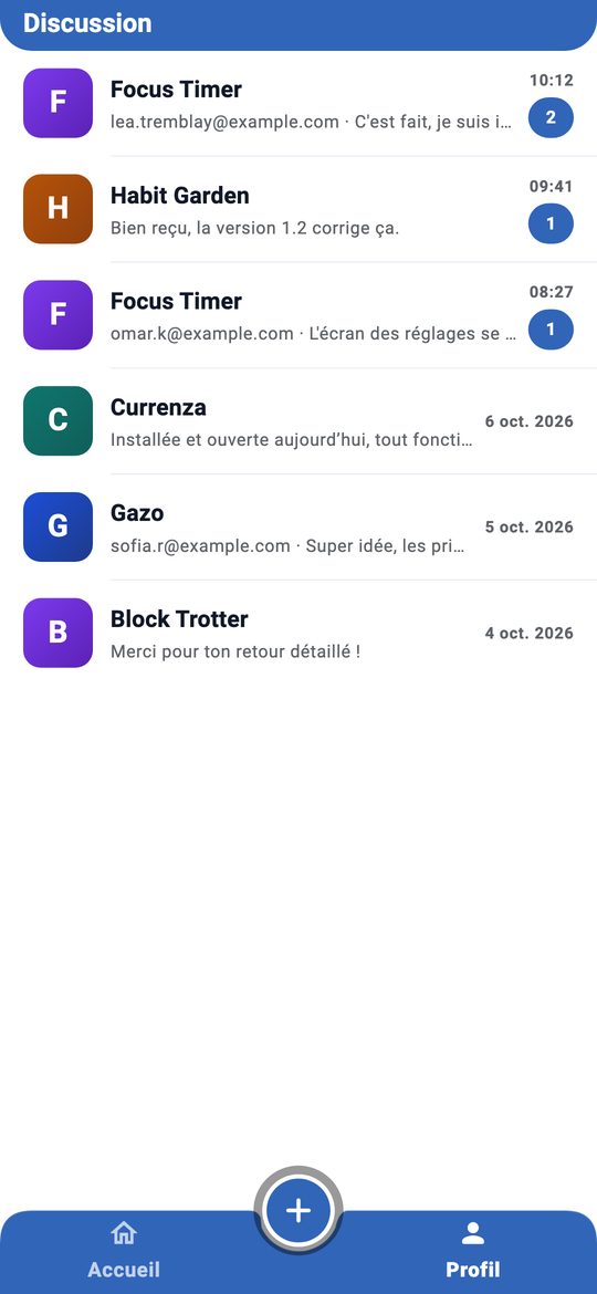 Écran «&nbsp;Discussion&nbsp;»&nbsp;: une conversation par test, avec les messages non lus.