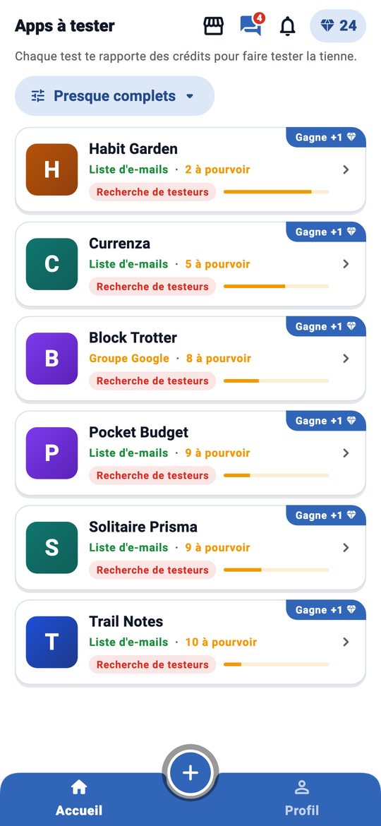 Écran d'accueil d'AppBeta&nbsp;: la liste des apps à tester, chacune avec sa récompense en crédits et ses places à pourvoir.