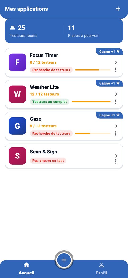 Écran «&nbsp;Mes applications&nbsp;»&nbsp;: testeurs réunis, places à pourvoir et état de chaque app.